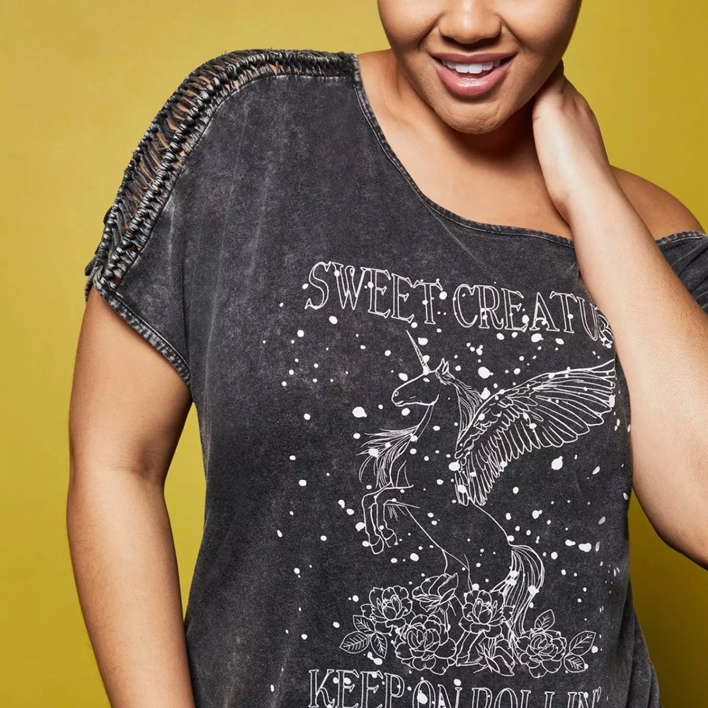 LoveSick Torrid Black Acid Wash Pegasus Off Shoulder Tee